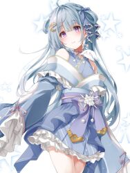 Rule 34 | 1girl, amaui, animal, animal on shoulder, blue bow, blue hair, blue kimono, blunt bangs, blush, bow, braid, breasts, closed mouth, commentary request, cowboy shot, crescent, crescent hair ornament, crown braid, frilled kimono, frilled sleeves, frills, fuyuno taka, hair bow, hair ornament, highres, japanese clothes, kimono, long hair, long sleeves, looking at viewer, medium bangs, medium breasts, nanashi inc., neck ribbon, obi, off shoulder, pink ribbon, purple bow, purple eyes, purple sash, rabbit, ribbon, sash, side braid, smile, solo, star (symbol), virtual youtuber, white background, white bow, wide sleeves