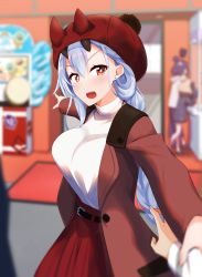Rule 34 | 3girls, :o, abigail williams (fate), alternate costume, arm grab, belt, blonde hair, blurry, blurry background, blush, braid, breasts, brown coat, cameo, casual, coat, commentary request, fate/grand order, fate (series), hat, highres, horns, horns through headwear, katsushika hokusai (fate), kuroshiro (ms-2420), large breasts, long braid, long hair, long skirt, looking at viewer, multiple girls, oni horns, open clothes, open coat, pointing, pov, pov hands, purple hair, red eyes, red skirt, shirt, silver hair, single braid, skirt, sparkling eyes, symbol-shaped pupils, tomoe gozen (fate), very long hair, white shirt
