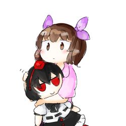 Rule 34 | 1girl, blush, bow, brown eyes, brown hair, character doll, closed mouth, doll, expressionless, fumo (doll), hair bow, himekaidou hatate, holding, holding doll, looking at viewer, motion lines, no nose, hugging object, purple bow, shameimaru aya, shiny skin, short hair, short sleeves, simple background, solo, touhou, two side up, upper body, white background, yaise