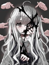 Rule 34 | 1girl, absurdres, ahoge, brown eyes, collared shirt, crack, disembodied hand, dripping, extra eyes, fingernails, grey background, grey hair, hanataro (sruvhqkehy1zied), highres, horror (theme), long hair, looking at viewer, mole, mole under eye, one eye covered, open mouth, original, pointing, pointing at another, shirt, solo, straight-on, sweat, two side up, upper body, white shirt