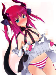 Rule 34 | 10s, 1girl, blue eyes, blush, clothes lift, detached sleeves, elizabeth bathory (fate), elizabeth bathory (fate/extra ccc), elizabeth bathory (first ascension) (fate), fate/extra, fate/extra ccc, fate (series), horns, long hair, panties, pink hair, pointy ears, shiboru, skirt, skirt lift, solo, striped clothes, striped panties, two side up, underwear, upskirt