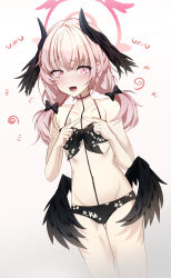 Rule 34 | 1girl, absurdres, bikini, black bikini, black bow, black wings, blue archive, blush, bow, breasts, collarbone, commentary, cowboy shot, english commentary, feathered wings, floral print, front-tie bikini top, front-tie top, hair bow, halo, head wings, highres, index fingers together, koharu (blue archive), koharu (swimsuit) (blue archive), long hair, low twintails, low wings, minjiharu, official alternate costume, open mouth, pink eyes, pink hair, pink halo, print bikini, sideways glance, simple background, small breasts, solo, spoken blush, standing, swimsuit, tattoo, twintails, white background, wings