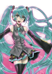 Rule 34 | 1girl, :d, aqua eyes, aqua hair, bad id, bad pixiv id, detached sleeves, glowing, hatsune miku, kaguyuzu, long hair, necktie, open mouth, outstretched arms, pleated skirt, skirt, smile, solo, spread arms, thighhighs, twintails, very long hair, vocaloid, zettai ryouiki