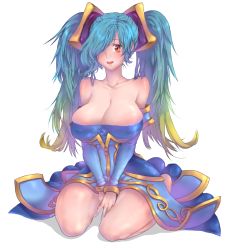Rule 34 | 1girl, aqua hair, bad deviantart id, bad id, bare shoulders, breasts, brown eyes, cleavage, deathalice, detached sleeves, gradient hair, hair over one eye, huge breasts, league of legends, multicolored hair, open mouth, seiza, sitting, smile, solo, sona (league of legends), twintails