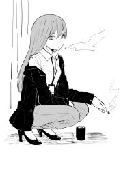 Rule 34 | 1girl, absurdres, blazer, breasts, cigarette, collared shirt, commentary, english commentary, full body, high heels, highres, id card, jacket, lanyard, long hair, looking at viewer, melissa renata, monochrome, norman maggot, off shoulder, office lady, original, pants, petite, shirt, small breasts, smoke, smoking, solo, squatting