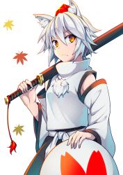 Rule 34 | 1girl, :/, animal ear fluff, animal ears, ashiroku (miracle hinacle), closed mouth, cowboy shot, detached sleeves, grey hair, hair between eyes, hand up, hat, highres, holding, holding sword, holding weapon, inubashiri momiji, leaf, looking at viewer, maple leaf, medium hair, orange eyes, over shoulder, parted bangs, scabbard, sheath, sheathed, shield, shirt, skirt, solo, sword, tokin hat, tomboy, touhou, weapon, weapon over shoulder, white shirt, wolf ears