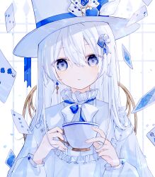 Rule 34 | 1girl, absurdres, ace (playing card), ace of diamonds, ace of spades, blue eyes, blue ribbon, card, chair, cup, diamond (shape), earrings, five of clubs, hair ornament, hat, highres, holding, holding cup, jewelry, karakishi7, key earrings, looking at viewer, original, playing card, queen (playing card), ribbon, single earring, sitting, solo, spade (shape), teacup, three of diamonds, three of hearts, top hat, two of spades, white hair, white hat