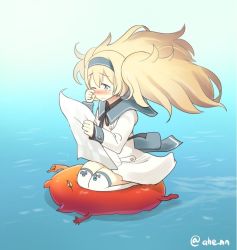 Rule 34 | 1girl, abyssal ship, ahenn, blonde hair, blue eyes, commentary request, dress, enemy lifebuoy (kancolle), floating, full body, gambier bay (kancolle), hairband, kantai collection, map (object), sailor dress, seiza, sitting, tears, thighhighs, twintails, twitter username, water, white dress, white thighhighs