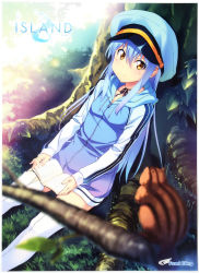 Rule 34 | 10s, 1girl, against tree, black hair, book, hat, holding, holding book, island (game), kuuchuu yousai, logo, long hair, long sleeves, official art, ohara rinne, open book, outdoors, sitting, smile, solo, squiggle, thighhighs, tree, white thighhighs, yellow eyes