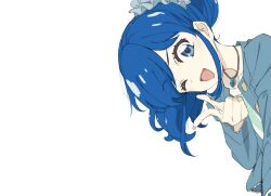 1girl :d aikatsu! aikatsu!_(series) blue_eyes blue_hair blue_scrunchie blue_shirt dot_nose hair_ornament hair_scrunchie hand_up highres index_finger_raised jewelry kiriya_aoi leaning_to_the_side long_sleeves medium_hair necklace negative_space one_eye_closed open_mouth saitou_atsushi_(kamatamanankotu) scrunchie shirt side_ponytail sidelocks simple_background smile solo upper_body white_background