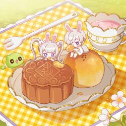 +_+ 1boy 1girl :d animal_ears blush_stickers character_request cup dress eating flower food fork grey_hair hair_ornament highres holding holding_food leafwow maplestory mini_person miniboy minigirl mooncake open_mouth purple_eyes rabbit-shaped_pillow rabbit_boy rabbit_ears rabbit_hair_ornament rabbit_tail short_sleeves smile tail tea teacup tray twintails white_dress white_flower