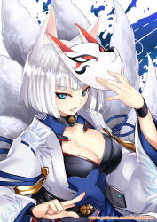Rule 34 | 1girl, animal ears, artist name, azur lane, between fingers, blue eyes, blunt bangs, bob cut, breasts, cleavage, collar, collarbone, fox ears, fox mask, fox tail, holding, holding mask, kaga (azur lane), kaorihero, kitsune, large breasts, long sleeves, looking at viewer, mask, open clothes, parted lips, ribbon trim, sash, serious, silver hair, smile, solo, tail, tsurime, two-tone background, upper body, wide sleeves, wristband