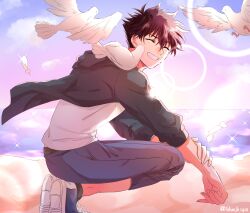 Rule 34 | 1boy, bird, black jacket, blue pants, brown hair, chagumi, closed eyes, dove, feathers, fingernails, grin, hand on own arm, happy, highres, jacket, kuroba kaito, lens flare, magic kaito, male focus, outdoors, pants, shirt, shoes, short hair, smile, sneakers, squatting, white bird, white feathers, white shirt