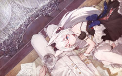 Rule 34 | 1boy, 1girl, ;t, american flag, american flag print, animal ear fluff, animal ears, azur lane, black bow, black dress, blue bow, blush, bow, cat ears, closed mouth, commander (azur lane), commentary request, cup, day, detached sleeves, dress, fingernails, flag print, hair between eyes, hair bow, hair ribbon, hammann (azur lane), highres, holding, holding cup, holding hands, jacket, long hair, long sleeves, lying, military jacket, on side, outdoors, pants, paper, pout, puffy short sleeves, puffy sleeves, rain, red ribbon, remodel (azur lane), ribbon, shoes, short sleeves, sidelocks, silver hair, solo focus, steam, thighhighs, veranda, very long hair, white footwear, white jacket, white pants, white thighhighs, wrist cuffs, yukineko