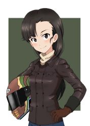 Rule 34 | 1girl, asymmetrical bangs, black eyes, black hair, black jacket, border, brown gloves, brown headwear, casual, closed mouth, commentary, girls und panzer, gloves, grey background, hairband, hand on own hip, unworn headwear, helmet, unworn helmet, holding, holding helmet, jacket, kayabakoro, leather, leather jacket, long hair, looking at viewer, motorcycle helmet, nishi kinuyo, outside border, shirt, smile, solo, straight hair, turtleneck, upper body, white border, white shirt