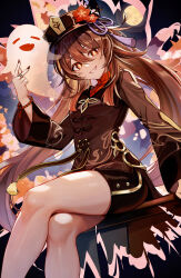 Rule 34 | 1girl, absurdres, black hat, black shorts, boo tao (genshin impact), bracelet, brown coat, brown hair, chen ying (alan-yut), coat, commentary request, crossed legs, feet out of frame, flower, genshin impact, grin, hand up, hat, hat flower, highres, hu tao (genshin impact), jewelry, long hair, long sleeves, looking at viewer, moon, plum blossoms, red eyes, red flower, red shirt, ring, shirt, shorts, sitting, smile, solo, tassel hat ornament, v, very long hair