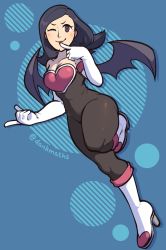 Rule 34 | amano maya, artist name, atlus, black hair, blush, boots, breasts, cleavage, cosplay, crossover, dankmaths, gloves, heels, jumpsuit, large breasts, medium hair, one eye closed, persona, persona 2, purple eyes, rouge the bat, rouge the bat (cosplay), sega, smile, sonic (series), thick thighs, thighs, voice actor connection, wings, wink