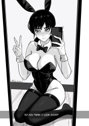 Rule 34 | 1girl, absurdres, animal ears, artist name, black leotard, blush, bow, bowtie, breasts, cellphone, chainsaw man, detached collar, fake animal ears, gratam, greyscale, highres, holding, holding phone, large breasts, leotard, mirror, mitaka asa, monochrome, phone, playboy bunny, rabbit ears, sitting, smartphone, solo, strapless, strapless leotard, thighhighs, v, wrist cuffs