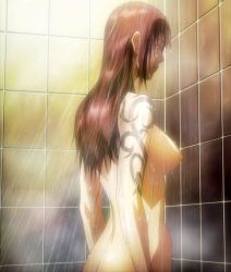 Rule 34 | 1girl, bathing, black lagoon, breasts, brown hair, dimples of venus, from side, highres, indoors, long hair, looking down, medium breasts, nipples, nude, profile, revy (black lagoon), screencap, shoulder tattoo, showering, small nipples, solo, standing, stitched, tattoo, third-party edit, tile wall, tiles, water, wet