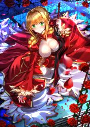 Rule 34 | 10s, 1girl, aestus estus, ahoge, blonde hair, breasts, cleavage, dress, epaulettes, fate/extra, fate (series), flower, green eyes, highres, holding, holding sword, holding weapon, large breasts, looking down, nero claudius (fate), nero claudius (fate), nero claudius (fate/extra), petals, plant, red dress, red flower, red rose, reflection, reflective floor, rose, short hair, smile, solo, sword, swordsouls, thorns, vines, weapon