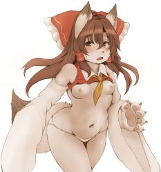 Rule 34 | 1girl, animal ear fluff, animal ears, animal hands, blush, bow, breasts, brown hair, claws, detached sleeves, female focus, fox ears, fox tail, furrification, furry, furry female, hair between eyes, hair bow, hakurei reimu, hawthorn, highres, long hair, looking at viewer, navel, nipples, no bra, open mouth, panties, red bow, simple background, small breasts, solo, tail, touhou, underwear, white background, white panties, wide hips, wide sleeves