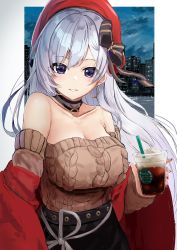 Rule 34 | 1girl, absurdres, azur lane, bare shoulders, belfast (azur lane), belfast (shopping with the head maid) (azur lane), beret, black bow, black skirt, bow, breasts, brown sweater, cleavage, collarbone, cup, earrings, hair bow, hat, highres, holding, holding cup, hoop earrings, jewelry, large breasts, long hair, looking at viewer, nail polish, official alternate costume, purple eyes, red hat, red nails, red scarf, scarf, silver hair, skirt, smile, solo, sweater, upper body, zyousha333