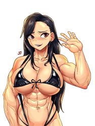 Rule 34 | 1girl, abs, bikini, black hair, blush, breasts, brown eyes, earrings, final fantasy, final fantasy vii, highres, jewelry, large breasts, long hair, looking to the side, muscular, muscular female, open mouth, solo, sparkeyjinjin, swimsuit, tifa lockhart, waving