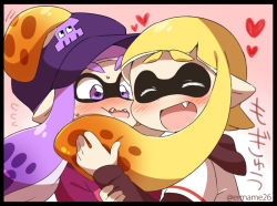 Rule 34 | 2girls, ^ ^, artist name, black border, blonde hair, blunt bangs, blush, border, cheek squash, closed eyes, eromame, fang, fangs, female focus, flying sweatdrops, from side, gradient background, gradient hair, hand up, happy, hat, heart, holding another&#039;s arm, hug, inkling, inkling girl, inkling player character, japanese text, layered sleeves, long hair, long sleeves, looking at another, matching hair/eyes, multicolored hair, multiple girls, nintendo, nose blush, open mouth, orange hair, pink background, pointy ears, prehensile hair, purple eyes, purple hair, purple headwear, purple shirt, shirt, short over long sleeves, short sleeves, sidelocks, simple background, smile, splatoon (series), suction cups, tentacle hair, tentacles, translated, twintails, twitter username, two-tone hair, upper body, v-shaped eyebrows, watermark, wavy mouth, white shirt, wide-eyed, yuri