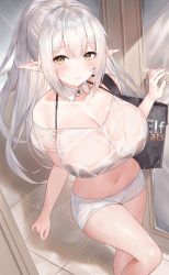 Rule 34 | 1girl, bag, black bra, bra, bra visible through clothes, breasts, cleavage, collarbone, crop top, detached collar, elf, halterneck, highres, large breasts, long hair, looking at viewer, micro shorts, midriff, navel, off-shoulder shirt, off shoulder, original, pointy ears, see-through, shirt, short sleeves, shorts, shoulder bag, sidelocks, solo, sora 72-iro, spaghetti strap, standing, stomach, thighs, uber eats, underwear, wet, wet clothes, wet shirt, white hair, white shirt, white shorts, yellow eyes