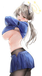 Rule 34 | 1girl, absurdres, animal ears, black pantyhose, blue archive, blue skirt, blue sweater, blush, breasts, brown eyes, clothes lift, cowboy shot, fake animal ears, from side, halo, highres, large breasts, light brown hair, lillly, long hair, long sleeves, looking at viewer, low twintails, moe (blue archive), open mouth, pantyhose, pleated skirt, rabbit ears, sideboob, simple background, skirt, smile, solo, sweater, sweater lift, twintails, underboob, undressing, white background, yellow halo