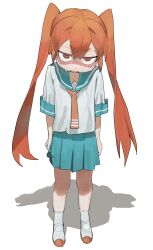 Rule 34 | 1girl, absurdres, arms at sides, blue sailor collar, blue skirt, blush, chinese commentary, clothes grab, commentary request, embarrassed, fang, highres, jianpan xiafang de da kongge, jitome, long hair, looking at viewer, necktie, nose blush, open mouth, orange eyes, orange hair, orange necktie, pleated skirt, sailor collar, sanpaku, school uniform, serafuku, shadow, shirt, shoes, short eyebrows, short sleeves, simple background, skirt, skirt grab, socks, solo, standing, sweat, twintails, ueno-san wa bukiyou, ueno (ueno-san wa bukiyou), uwabaki, v-shaped eyebrows, very long hair, white background, white shirt, white socks
