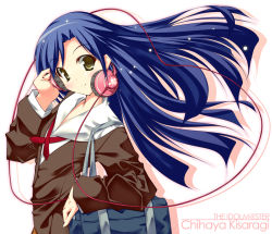 Rule 34 | 00s, 1girl, bag, brown eyes, brown jacket, cable, character name, chu (chu inthis), closed mouth, copyright name, duffel bag, female focus, floating hair, head tilt, headphones, idolmaster, idolmaster (classic), idolmaster 1, jacket, kisaragi chihaya, light particles, long hair, long sleeves, looking at viewer, over shoulder, school uniform, simple background, smile, solo, tareme, upper body, very long hair, wind