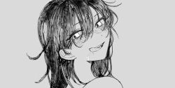 Rule 34 | 1girl, bare shoulders, black hair, blush, greyscale, head tilt, licking lips, looking at viewer, looking back, monochrome, open mouth, original, portrait, saliva, simple background, sketch, solo, teeth, tongue, tongue out, tsu (lovesick1964)