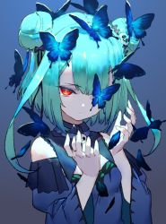 Rule 34 | 1girl, blue butterfly, blue dress, blue sleeves, bow, brooch, bug, butterfly, butterfly on head, clothing cutout, crying, double bun, dress, expressionless, gradient background, green hair, hair between eyes, hair bun, hair ornament, hololive, insect, izumi sai, jewelry, looking at viewer, one eye covered, portrait, red eyes, serious, short hair, shoulder cutout, simple background, skull collar, skull hair ornament, solo, teardrop, tearing up, tears, uruha rushia, uruha rushia (1st costume), virtual youtuber