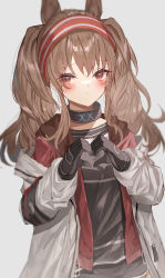 Rule 34 | 1girl, absurdres, angelina (arknights), arknights, black gloves, black shirt, black shorts, blush, brown eyes, brown hair, closed mouth, commentary request, gloves, grey background, hairband, heart, heart hands, highres, infection monitor (arknights), jacket, long hair, long sleeves, looking away, looking to the side, off shoulder, open clothes, open jacket, red hairband, red jacket, shirt, short shorts, shorts, simple background, solo, striped clothes, striped hairband, sutei (arece15), twintails, white jacket