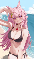 Rule 34 | 1girl, absurdres, animal ears, arknights, arm up, bare arms, bare shoulders, bikini, black bikini, blue sky, cloud, commentary request, cowboy shot, day, ederh, hair ornament, highres, long hair, looking at viewer, navel, pink eyes, pink hair, pozyomka (arknights), side-tie bikini bottom, sky, solo, standing, stomach, swimsuit, very long hair, wolf ears