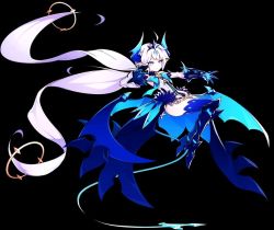 Rule 34 | 1girl, armor, bat wings, black background, blue bow, blue eyes, blue thighhighs, bow, brooch, crown, detached sleeves, elsword, expressionless, floating, full body, greaves, horns, hwansang, jewelry, leotard, long hair, luciela r. sourcream, noblesse (elsword), pointy ears, simple background, solo, tail, thighhighs, twintails, white hair, wings