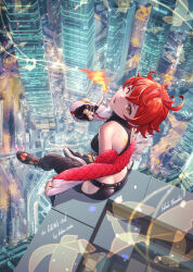 Rule 34 | 1girl, antenna hair, artist name, ass, bare shoulders, belt, building, butt crack, character request, city, city lights, cityscape, clip studio paint (medium), clothing cutout, commission, crop top, dragon girl, fire, from above, highres, index finger raised, jacket, kobu ride, looking at viewer, looking back, looking up, nail polish, off shoulder, orange eyes, original, pants, red hair, shirt, shoes, short hair, signature, skeb commission, skyscraper, sleeveless, sleeveless shirt, smile, sneakers, solo, tongue, tongue out