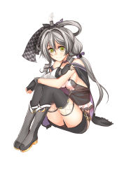 Rule 34 | 1girl, bare shoulders, black legwear, black panties, boots, bow, camisole, choker, detached sleeves, drill hair, fingerless gloves, frills, gloves, green eyes, grey hair, hair bow, highres, long hair, looking at viewer, luo tianyi, microskirt, onceskylark, panties, pantyshot, sitting, skirt, smile, solo, steam, twin drills, underwear, vocaloid, vocanese, white background