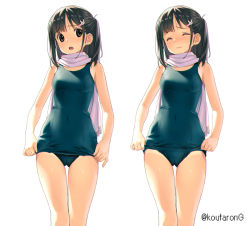 Rule 34 | 1girl, black hair, blue one-piece swimsuit, blush, breasts, closed eyes, closed mouth, commentary request, covered navel, fringe trim, grey eyes, hair ornament, hairclip, koutaro, medium breasts, multiple views, nose blush, old school swimsuit, one-piece swimsuit, one side up, original, pink scarf, rabbit hair ornament, scarf, school swimsuit, simple background, swimsuit, tan, tanline, twitter username, wavy mouth, white background
