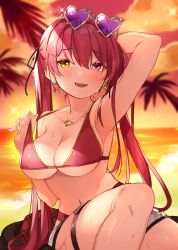 Rule 34 | 1girl, :d, armpits, beach, belt, bikini, black ribbon, blurry, blurry background, blush, breasts, brown belt, cleavage, collarbone, dot nose, earrings, eyewear on head, fangs, hair between eyes, hair ornament, hair ribbon, hairclip, heart, heterochromia, highres, hololive, houshou marine, houshou marine (summer), jewelry, large breasts, leather belt, long hair, looking at viewer, navel, necklace, ocean, open mouth, orqz, outdoors, red eyes, red hair, ribbon, ringlets, sitting, smile, solo, string bra, sun, sunglasses, sunset, sweat, swimsuit, thigh strap, tree, twintails, very long hair, virtual youtuber, yellow eyes