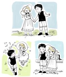 Rule 34 | 1boy, 1girl, aged down, black hair, blonde hair, blush, child, comic, covered mouth, day, dress, eye contact, falling leaves, food, fullmetal alchemist, grass, hat, holding, holding food, holding ice cream, holding stuffed toy, ice cream, ice cream cone, jellymlk, leaf, looking at another, outdoors, partially colored, riza hawkeye, roy mustang, shoes, short hair, short sleeves, shy, silent comic, socks, standing, stuffed animal, stuffed dog, stuffed toy, sun hat, sundress, sweater vest, walking, white dress, white headwear