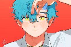 Rule 34 | 1boy, blue horns, collared shirt, hair between eyes, hand up, highres, horns, looking at viewer, male focus, original, parted lips, portrait, red background, ruu wan mm, shadow, shirt, signature, simple background, single horn, solo, white shirt, yellow eyes