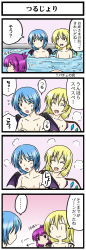 Rule 34 | 3girls, 4koma, :d, ^ ^, bat wings, bathing, blonde hair, blue hair, closed eyes, collarbone, comic, female focus, flandre scarlet, from side, highres, hinanawi tenshi, long image, multiple girls, nagisa k, open mouth, partially submerged, profile, remilia scarlet, short hair, smile, tall image, touhou, translation request, water, wings