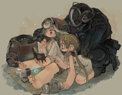 Rule 34 | 1boy, 2girls, bare legs, beige background, black coat, black pants, blonde hair, bondrewd, book, breasts, brown background, child, cleavage, coat, ebimomo, glasses, gloves, glowing, hat, helmet, holding, holding book, long hair, long sleeves, made in abyss, multiple girls, pants, pointing, prushka, reading, red eyes, riko (made in abyss), rug, short hair, sitting, sleeveless, stone, white hair