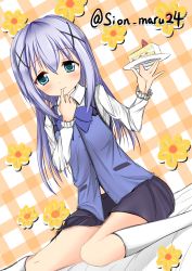 Rule 34 | 1girl, absurdres, bed sheet, black skirt, blue bow, blue bowtie, blue eyes, blue hair, blue vest, blush, bow, bowtie, buttons, cake, closed eyes, closed mouth, collared shirt, commentary request, cream, cream on face, finger to mouth, flat chest, flower, food, food on face, fruit, gochuumon wa usagi desu ka?, hair between eyes, hair ornament, hairclip, highres, holding, holding plate, kafuu chino, kneehighs, light blue hair, long hair, long sleeves, looking at viewer, maru shion, partially unbuttoned, plaid, plaid background, plate, rabbit house uniform, shirt, sidelocks, sitting, sketch, skirt, socks, solo, strawberry, twitter username, two-tone background, vest, wavy mouth, white shirt, white socks, wing collar, x hair ornament, yellow flower
