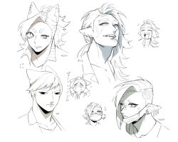 Rule 34 | 4boys, absurdres, animal ears, asymmetrical hair, chibi, chibi inset, commentary request, cross-shaped pupils, ear piercing, fox boy, fox ears, highres, long hair, looking at viewer, male focus, mask, mole, mole under mouth, monochrome, mouth mask, multiple boys, multiple views, original, piercing, plug (piercing), pointy ears, portrait, scar, scar on face, sharp teeth, short eyebrows, short hair, sidecut, simple background, surgical mask, symbol-shaped pupils, teeth, translation request, undercut, uneven eyes, very short hair, white background, zzb azz