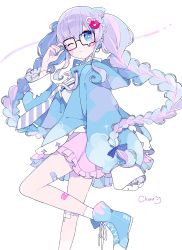 Rule 34 | + +, 1girl, adjusting eyewear, bandaid, bandaid on leg, black-framed eyewear, blue bow, blue eyes, blue footwear, blue hair, blue jacket, blue nails, blush stickers, boots, bow, braid, chon (chon33v), closed mouth, clothing cutout, collared shirt, commentary request, drawstring, ear piercing, fingernails, frilled skirt, frills, glasses, hair bow, hair ornament, hand up, head tilt, heart, heart cutout, highres, jacket, long hair, long sleeves, multicolored hair, nail polish, one eye closed, original, piercing, pink skirt, puffy long sleeves, puffy sleeves, purple hair, shirt, signature, simple background, skirt, sleeves past wrists, socks, solo, standing, standing on one leg, sweater vest, twin braids, twintails, two-tone hair, very long hair, white background, white shirt, white socks