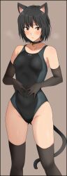 Rule 34 | 1girl, amagami, animal ears, bell, black border, black choker, black eyes, black gloves, black hair, black one-piece swimsuit, black thighhighs, blush, border, breasts, breath, brown background, cat ears, cat tail, choker, collarbone, commentary, competition swimsuit, elbow gloves, embarrassed, feet out of frame, furrowed brow, gloves, gluteal fold, highres, kemonomimi mode, looking at viewer, medium breasts, mobu, nanasaki ai, neck bell, one-piece swimsuit, parted lips, short hair, simple background, skin tight, solo, standing, swimsuit, tail, thighhighs