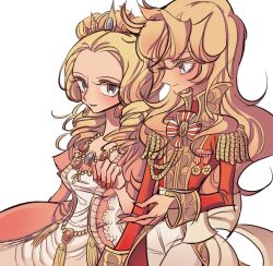 Rule 34 | 2girls, aiguillette, androgynous, blonde hair, breasts, closed mouth, cowboy shot, dress, earrings, epaulettes, grey eyes, jacket, jewelry, long hair, long sleeves, looking at another, looking at viewer, marie antoinette (versailles no bara), medal, medium breasts, meremero, multiple girls, necklace, open mouth, oscar francois de jarjayes, pants, parted lips, pink dress, red jacket, reverse trap, simple background, smile, standing, tassel, tiara, versailles no bara, white background, white pants